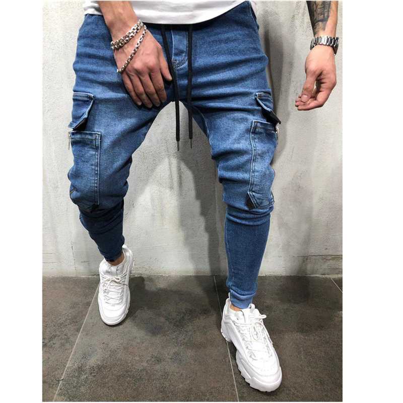 

2020 Lado Listrado Jeans Rasgado Moda Streetwear Mens Skinny Jeans Stretch Calças Slim Casual Denim calças de brim hombre, Black