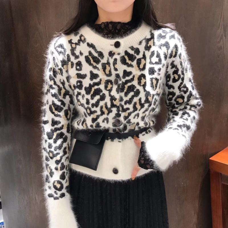 

Vintage Knitwear Cardigan Sweaters Casual Women Tops Autumn Winter Classic Leopard Thick Mink Knitted Sweater Outerwear TA5210, Black