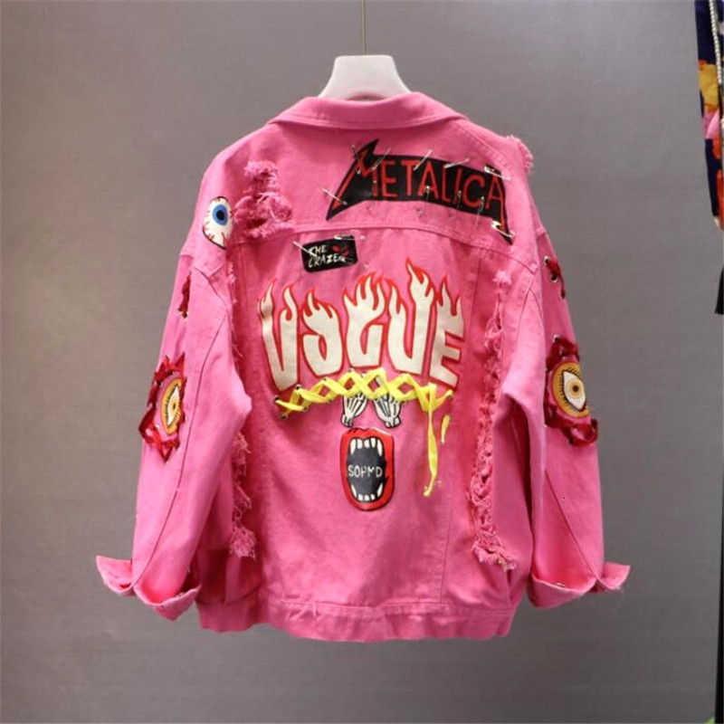 

NEWDISCVRY Jeans Jacket New Spring Autumn Women's Graffiti Alphabet Printing Lace Bow Pin Hole Denim Jacket Student Basic Coat, Pink as picture