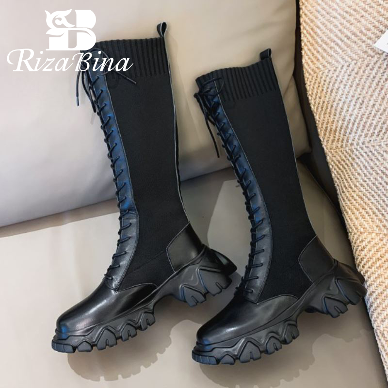 

RIZABINA Women Knee High Boots Lace Up Flats Trifle Shoes Cross Strap Round Toe Warm Boots Fashion Party Footwear Size 34-39, Black