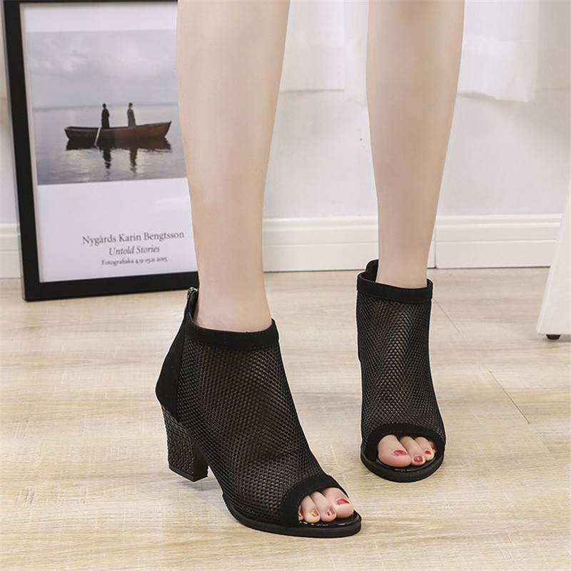 

Breathable Mesh Women Shoes Summer Shoes Fashion Sandals Square Heel High Heels Chunky Peep Toe Zip Short Ankle Pumps, Black