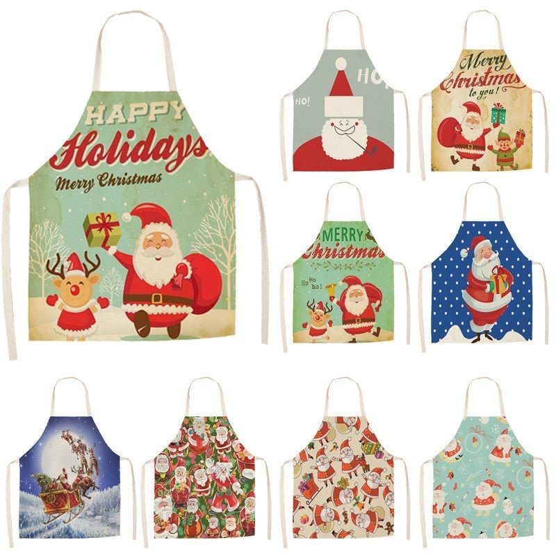 

1Pc Santa Claus Christmas Chef Apron for Woman Pinafore Cotton Linen Aprons 53*65cm Bib For Kitchen Cooking Baking Accessory
