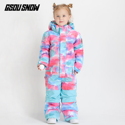 

GSOU SNOW Brand One Piece Girls Ski Suit Snowboard Suit Kids Skiing Clothing Hooded Windproof Waterproof Boys Winter Sport, Color 5