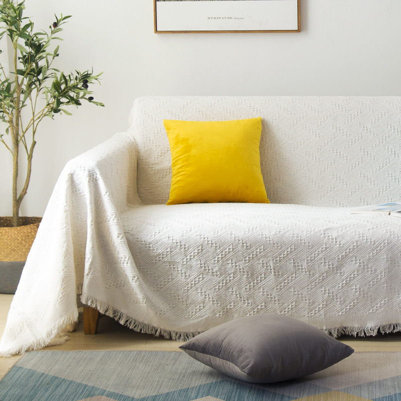 

Beige Knitted Blankets Ethnic Plaid Blanket Anti-Mite Towel Sofa Decor Throw on Sofa/Bed Decor Wall Tapestry With Tassel Covers