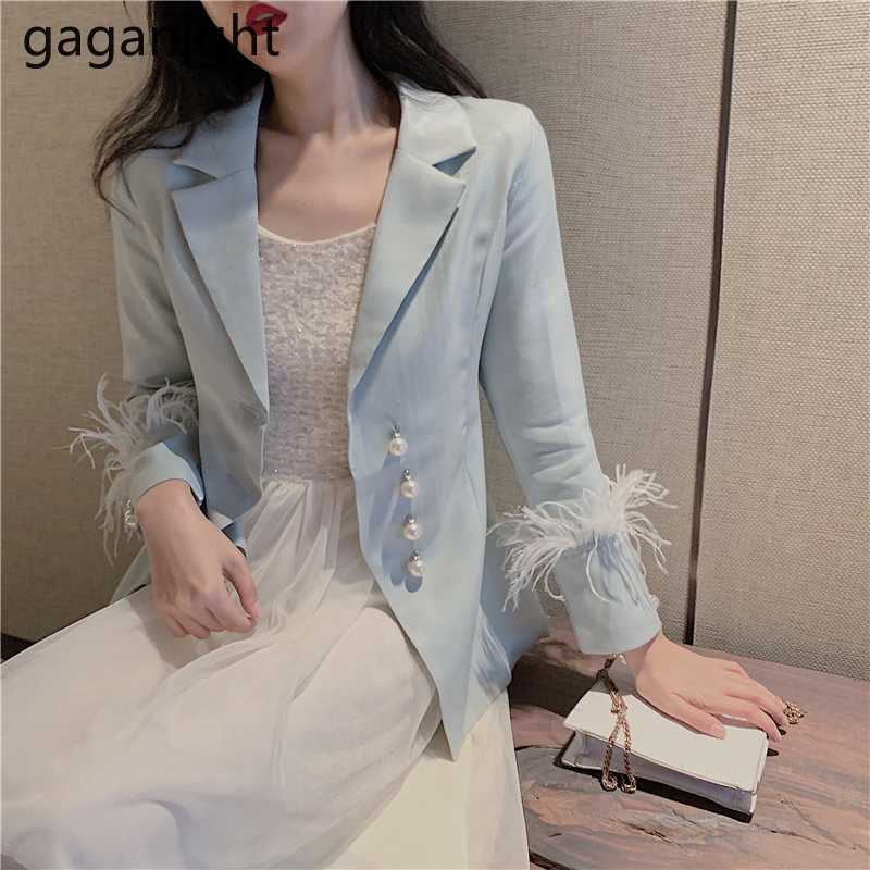 

Gaganight Women Blazers Jackets 2020 Spring Retro Casual Tassel Long Sleeve Pearl Button Fashion Suit Coat Office Lady Outfits, Sky blue