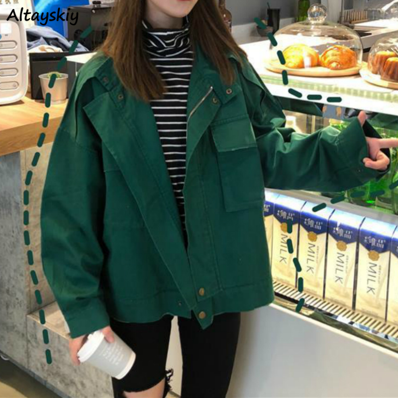 

Basic Jackets Women Solid Minimalist Daily BF Style Trendy Zipper Loose New Spring Femme Jacket Chic All-match Pocket Girls Tops, Green