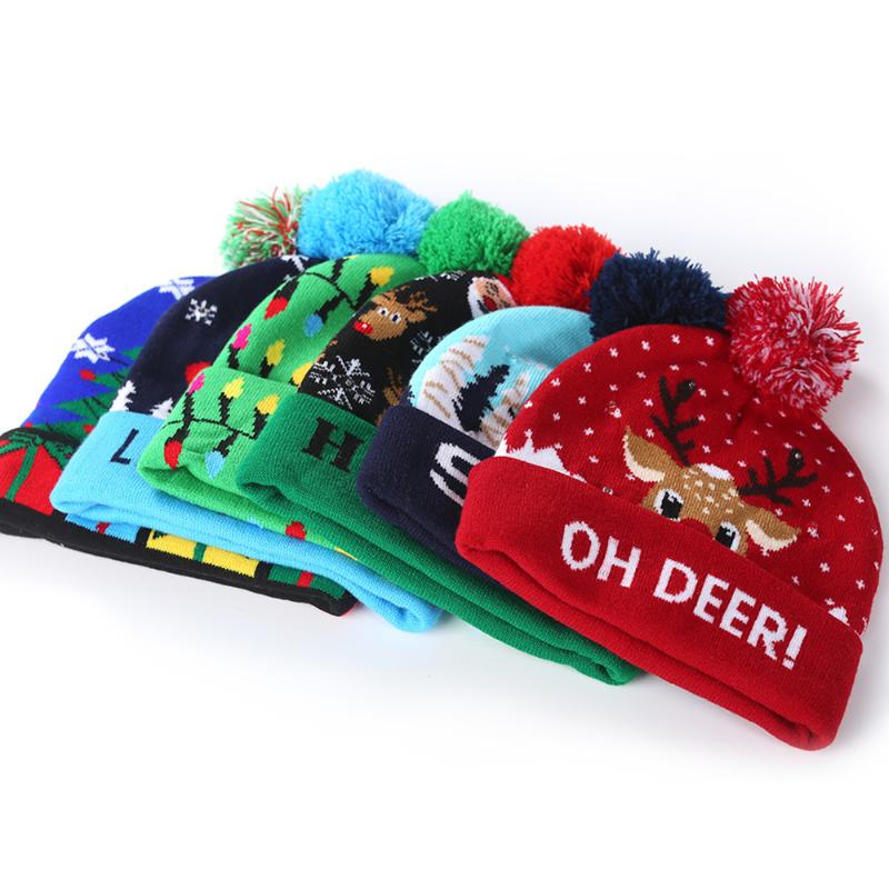 

Universal Beanie Caps Winter Colorful Merry Christmas LED Light-up Knit Hat Beanie Hairball Warm Cap Christmas Party Supplies