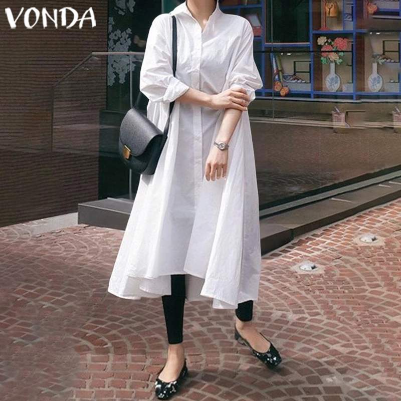 

VONDA Solid Dress Women Casual Loose Turn-down Collar Asymmetrical Shirt Dress 2020 Ladies Sexy Split Hem Party Vestidos -5XL, Black