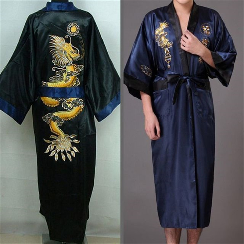 

Men's nightgown Chinese style embroidery dragon Tang suit Men's sleepwear bathrobe plus size loose home service Two ways to wear, Shorts 4