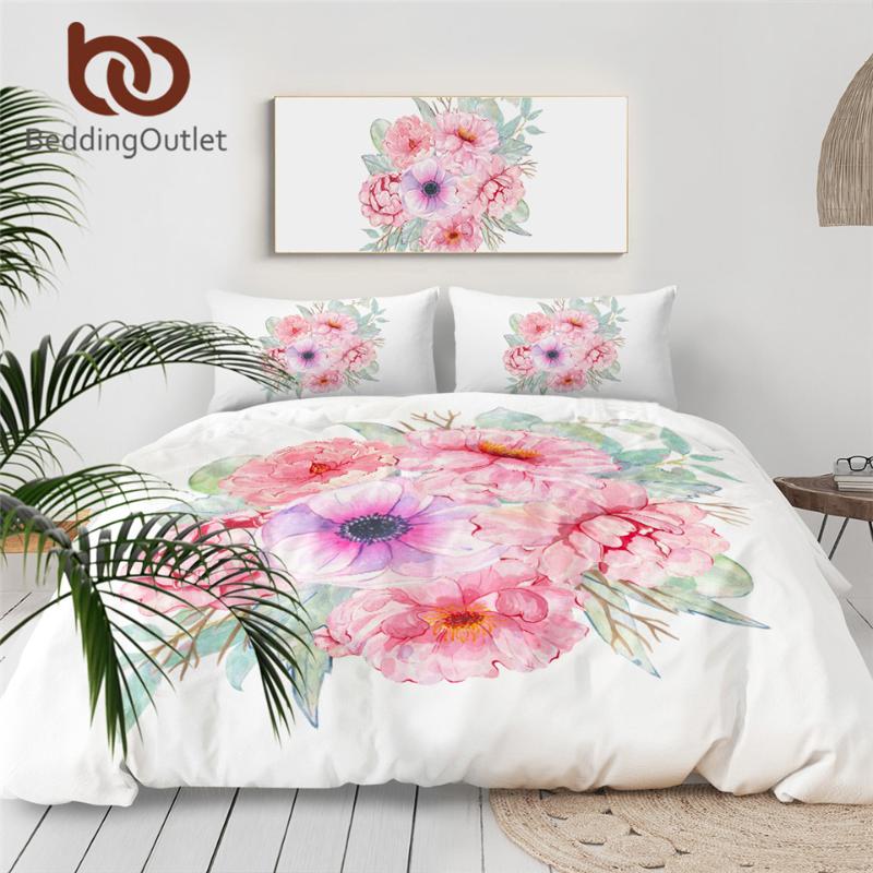 

BeddingOutlet Pink Girls Bedding Set Floral Bed Cover Flowers Home Textiles Watercolor Bedspreads Leaf Bed Set Queen Love Gift, Flower 15