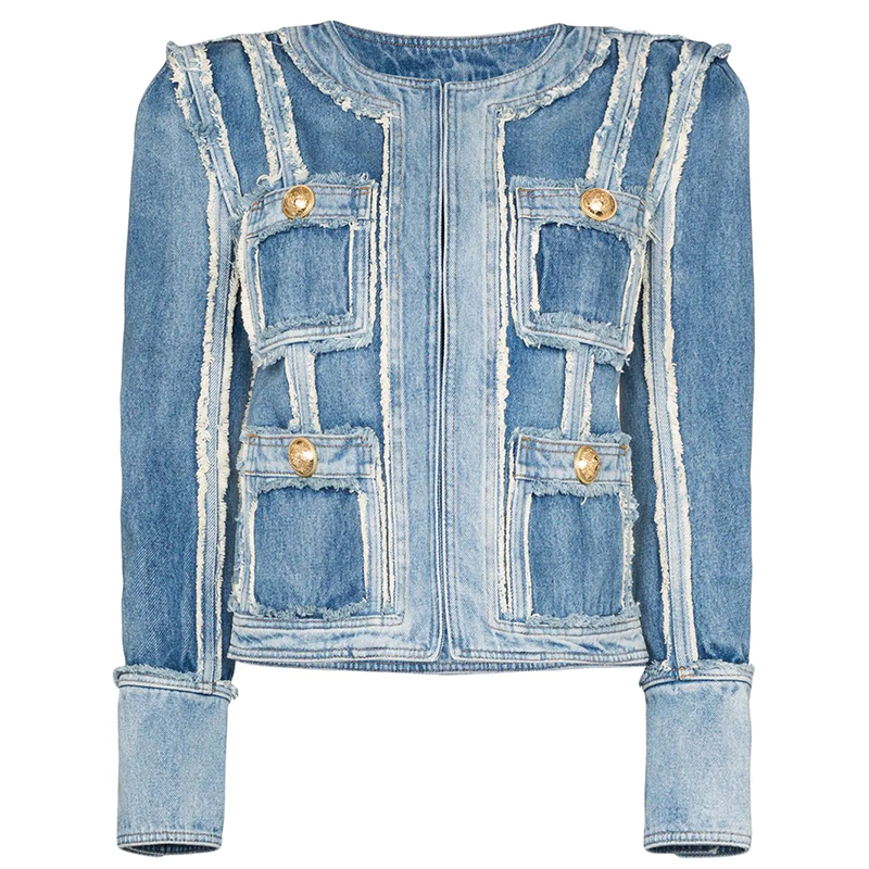 

HIGH QUALITY New Fashion 2020 Stylish Designer Jacket Women' Metal Lion Buttons Fringed Denim Jacket, As pic