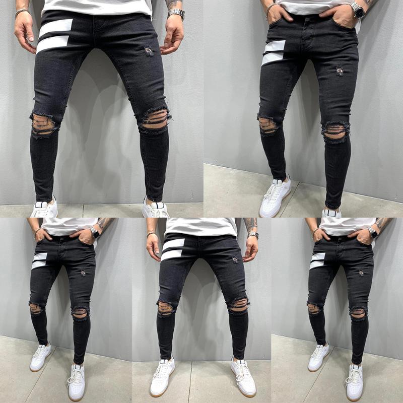 

Men Danim Skinny Long Pants Vintage Hole Ripped Pants Casual Pencil Men Fashion Print Streetwear Tight Jeans Pockets D30, Black