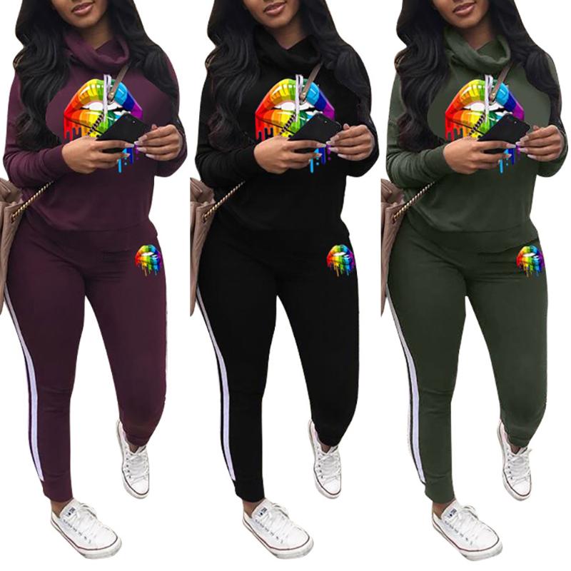 

Sale 2020 Autumn Women' Sportswear 2pcs Women' High Neck Hoodies Sweatshir Long Pants Trousers Loose Tracksuit Streetwear D30, Army green