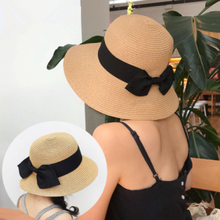 

Parent-child Style Women Summer Cap Black Ribbon Decorate Straw Hat for Girls Children Panama Hat Kids Sun Cap Baby Beach Hats, Beige