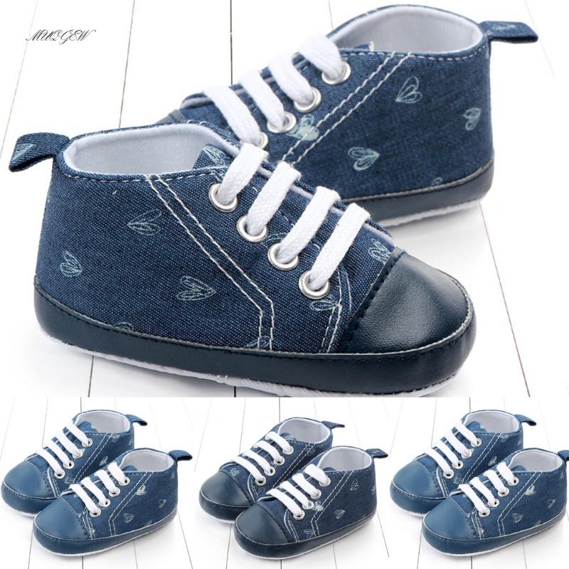 

baby shoes 2020 hot sale Toddler Baby Girls Boy Lace Up Denim Heart Toddler First Walk Soft Leather Shoes boy new, Dark blue