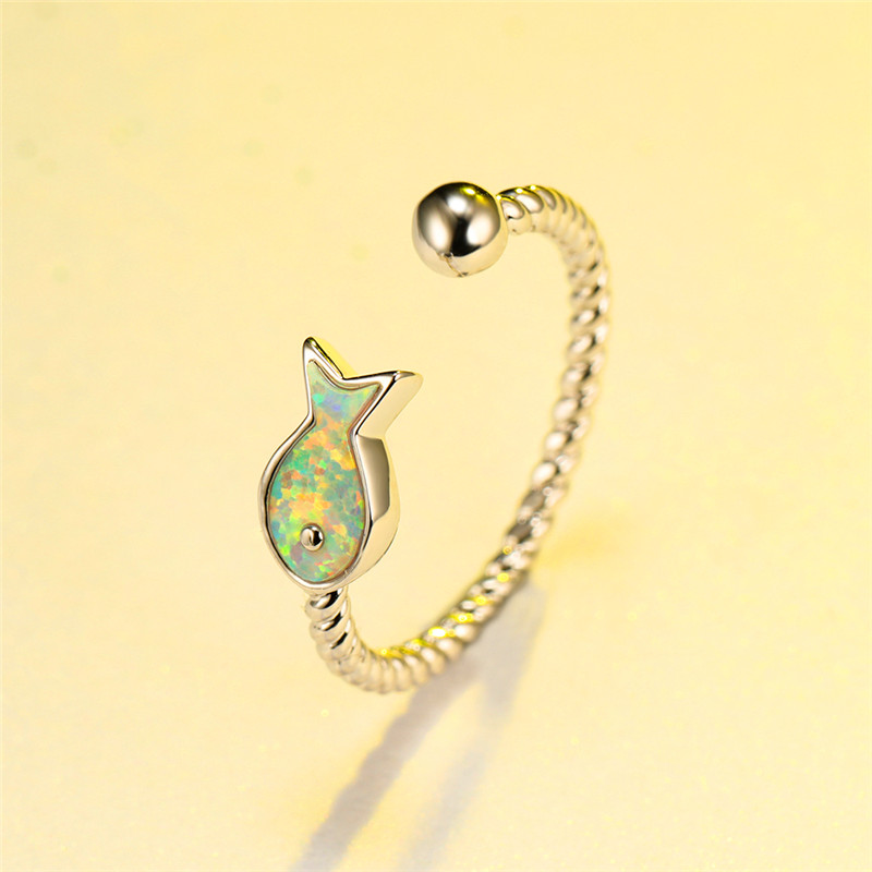 

Simple Female White Opal Adjustable Ring Trenty Silver Color Color Wedding Ring Trenty Fish Thin Engagement Rings For Women