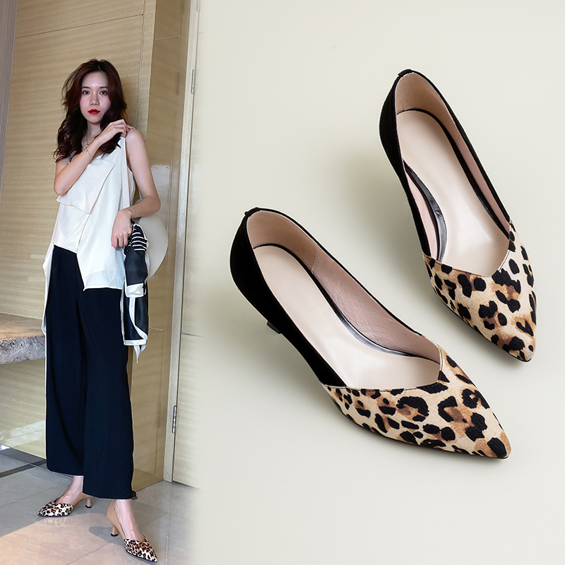 

INS hot women pumps Genuine Leather shoes Cowhide+Leopard flock upper, sheepskin insole pumps women shoes ladies 2 colors, Black