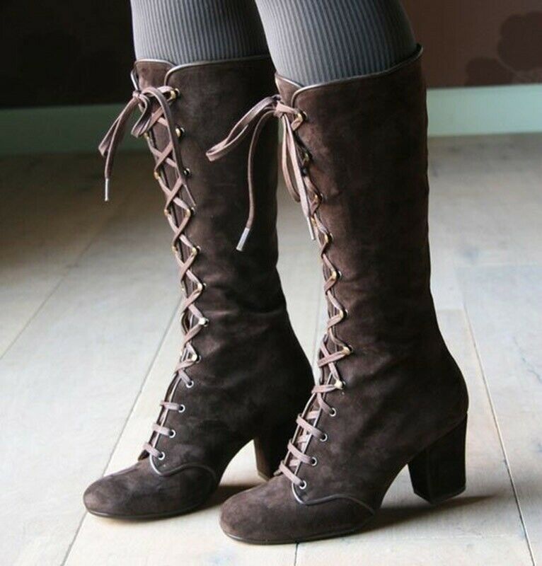 

Fashion Gothic Vintage Style Boots Round Toe Block Heel Boots Women Lace Up Mid Calf Round Toe Shoes, Black