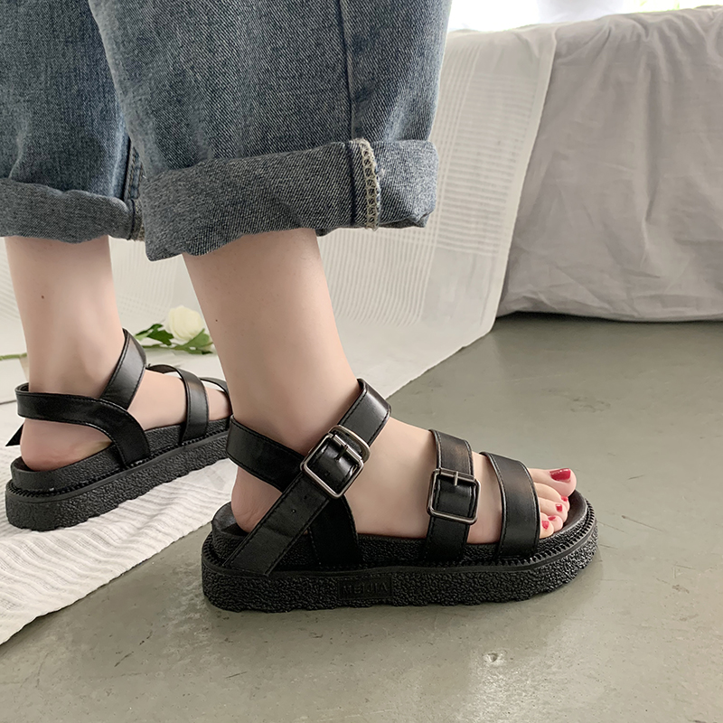 

CINESSD PU Platform Sandals Woman 2020 New Summer Shoes Woman Solid Gladiator Sandals Women Buckle Flat Sandale Femme Casual Hot, Black