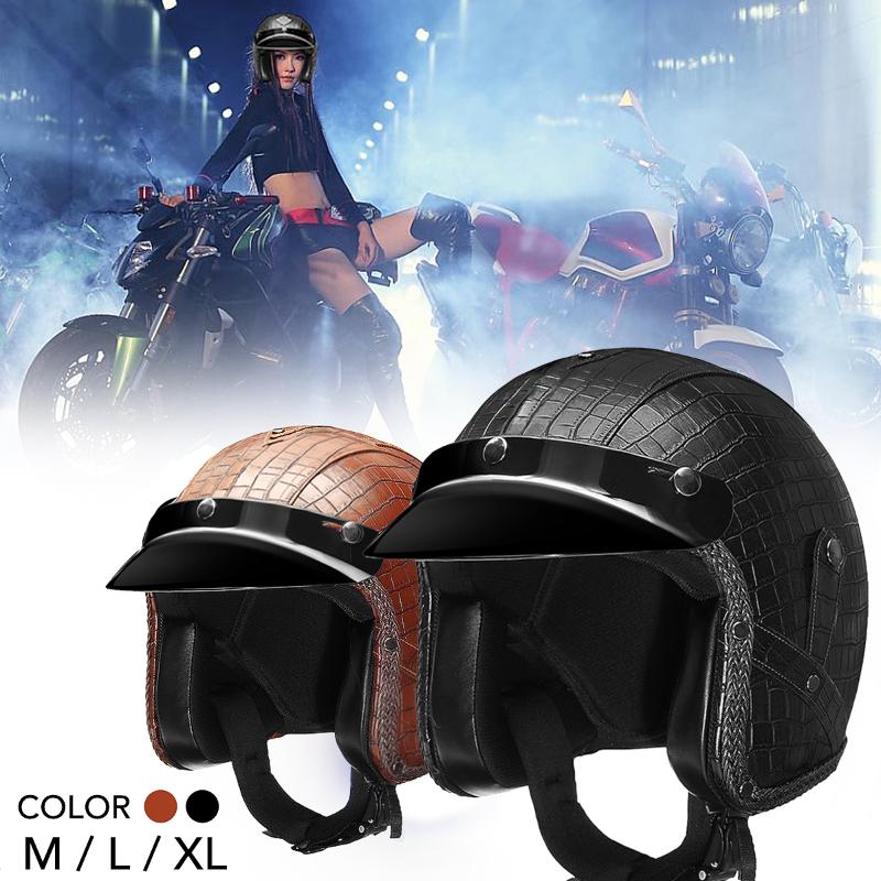 

L/XL Open Face PU Leather Helmet Moto Motorcycle Helmets Vintage Motorbike Headgear Casque Casco Scooter For Helmet, Black