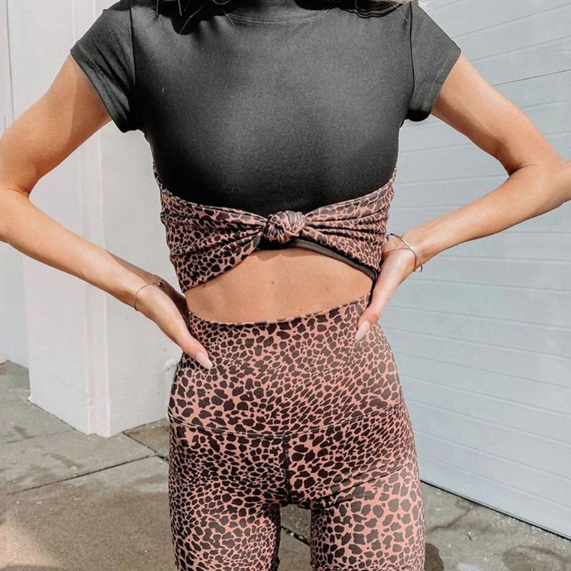 

2020 New Fashion Women' Leopard Printed Tracksuits Round Neck Open Neck Sexy Casual Two-piece Women' Set  #3, Black