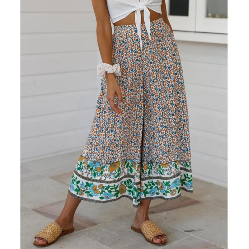 

Women' Summer Floral Geometric Print Elastic High Waist Sashes Long Wide Leg Pants Loose Culottes Maxi Trousers Plus Size, Multi