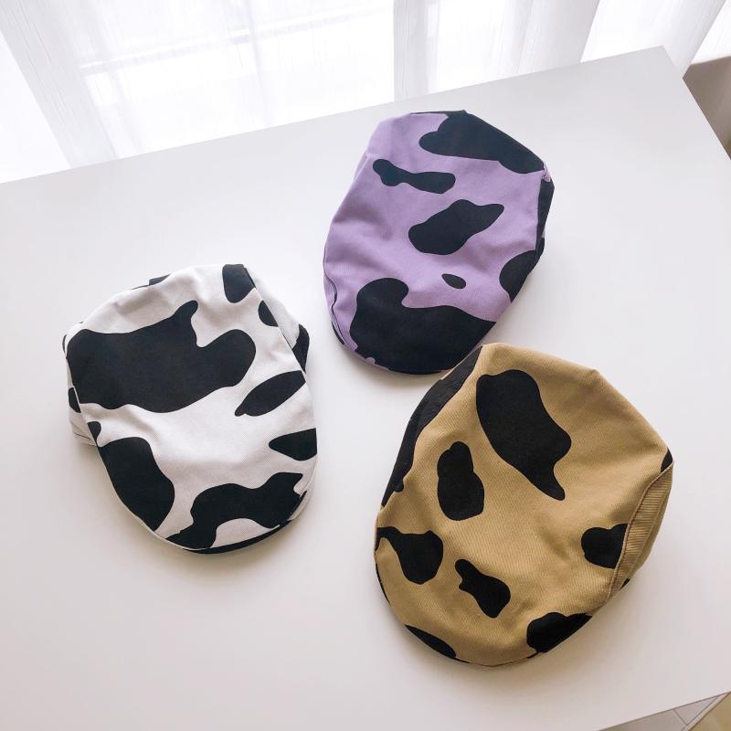 

Children's Hat Spring and Autumn Newsboy Hat Boys and Girls Cartoon Cow Printing Baby Beret Parent-Child All-match Forward, Purple