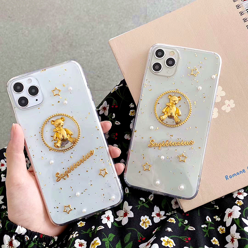 

Cute Cartoon 3D Bear Transparent Phone Case For iPhone 11 Pro Max Case SE X XR XS Max 7 8Plus Bling Glitter Gold Foil Soft Cover, Style 3
