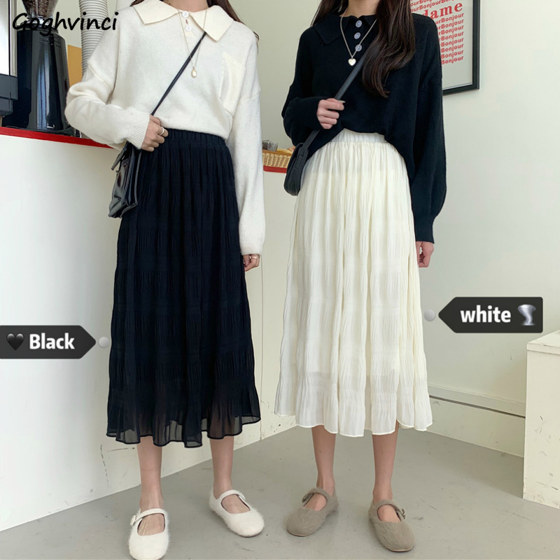 

Skirts Women Solid Pleated Ruffle Mesh French Elegant Chic Spring Casual Simple Womens Long Skirt Harajuku All-match Fashionable, Black