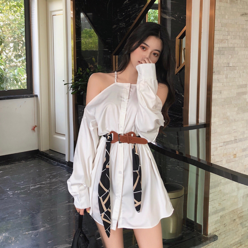 

HStar white shirts tops new spring autumn Korean style Women Clothing fashion brand halter off shoulder sashes blusas