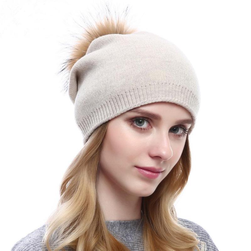 

Hat cashmere hat fashion raccoon fur ball knitted autumn and winter warm pullover cap women high quality, Black