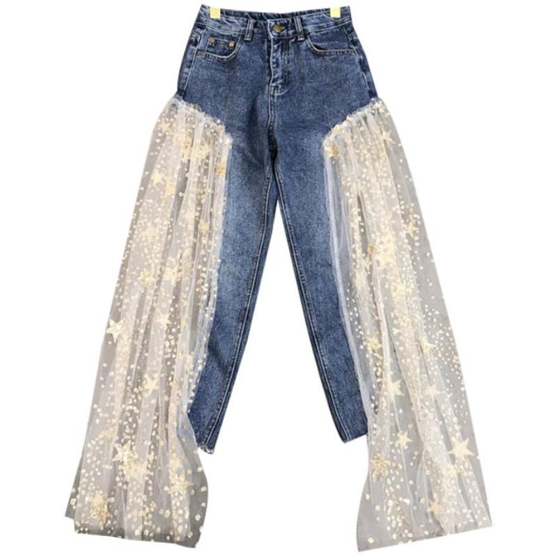 

2020 spring aummer new fashion jeans women side opening stitching stars mesh sequins heavy industry wide leg jeans, As photo