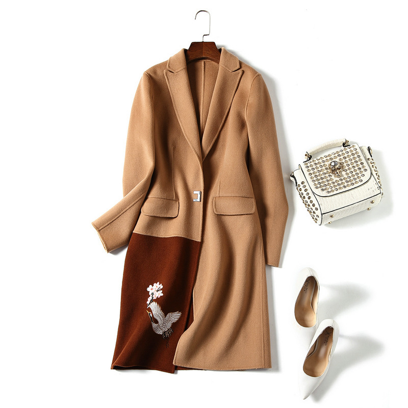 

100% Wool cashmere coat autumn and winter 2020 spring Korean embroidery matching medium slim wool coat factory direct sales, Camel