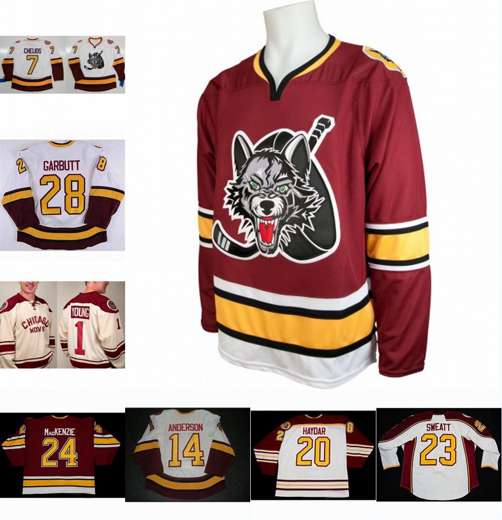 

Chicago Wolves 7 Chelios 14 Matt Anderson 25 Faxel 20 Darren Haydar 1 Young 28 Ryan Garbutt Mens Womens Youth 100% Embroidery Hockey Jersey