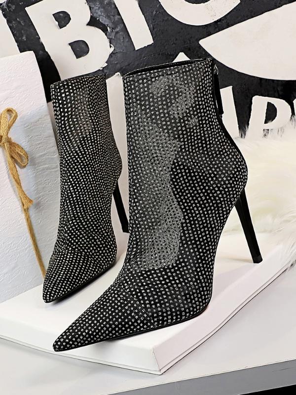

Women's shoes short net boots super high fine heels fashion sexy show thin pointed lace hollow out mesh pure color, Black