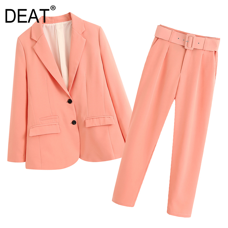 

DEAT] 2020 New Chic Style Belt Solid Autumn Handsome Casual Suit Coat + High Waist Wide Leg Pants Mop Pants Women's Suit 13T412, Pants 2511