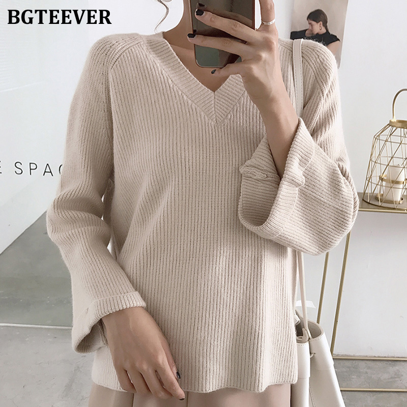 

BGTEEVER Casual V-neck Women Knitted Sweater Autumn Winter Loose Long Sleeve Female Solid Pullover Jumpers Ladies Knit Tops 2020, Beige