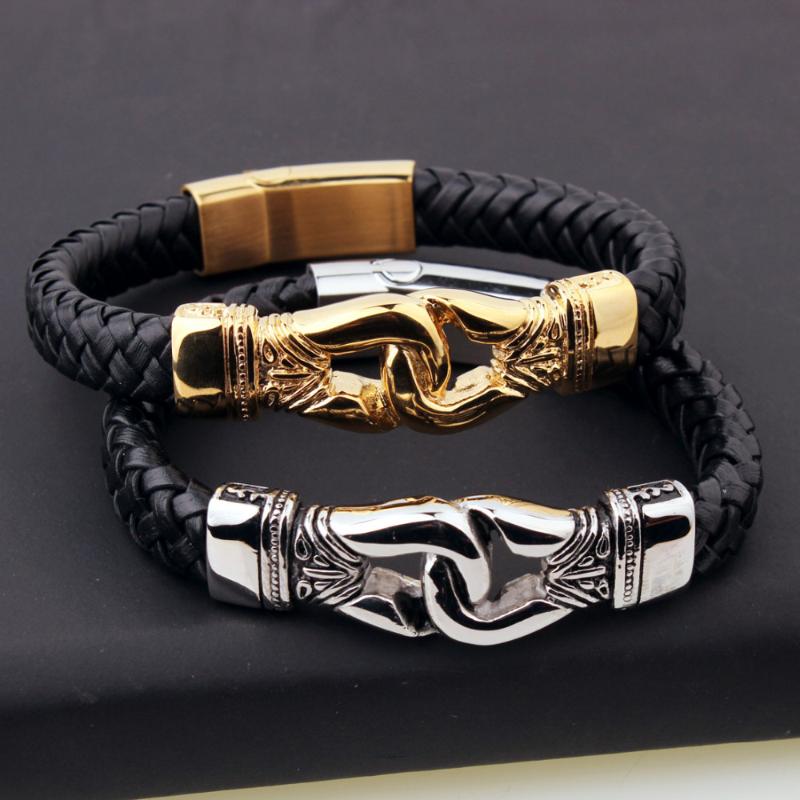 

Promotion Fashion Men's Jewelry Hip Hop Black Genuine Leather Stainless Steel Magnetic Clasp Bracelet 8.66