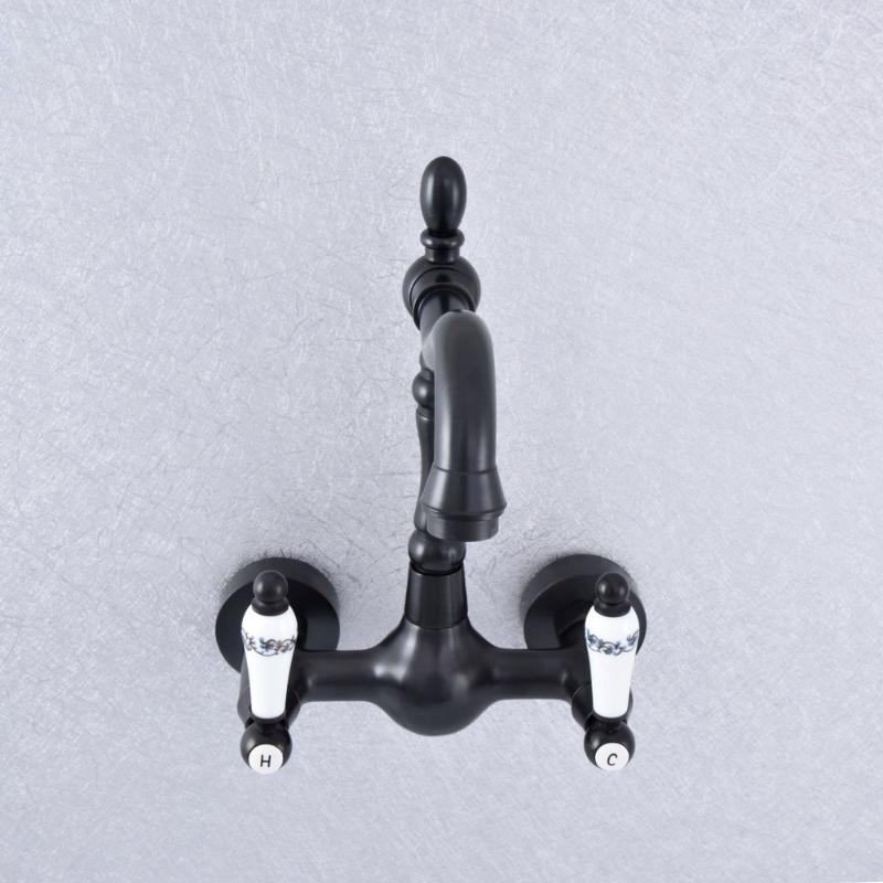 

Black Oil Rubbed Bronze Wall Mounted Double Ceramic Handles Bathroom Kitchen Basin Sink Faucet Tap Lsf703