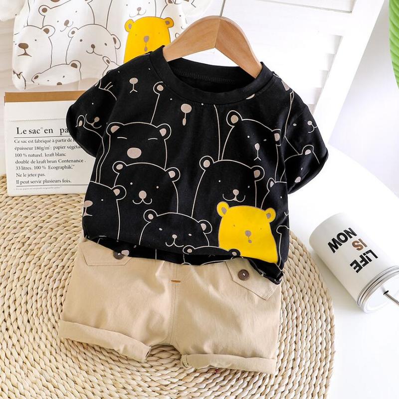 

Children Clothes 2pcs Set Clothing Cartoon Printed Bear T-shirt + Shorts Clothing Boys Tracksuit Cotton For Baby Boys Clothes, Black