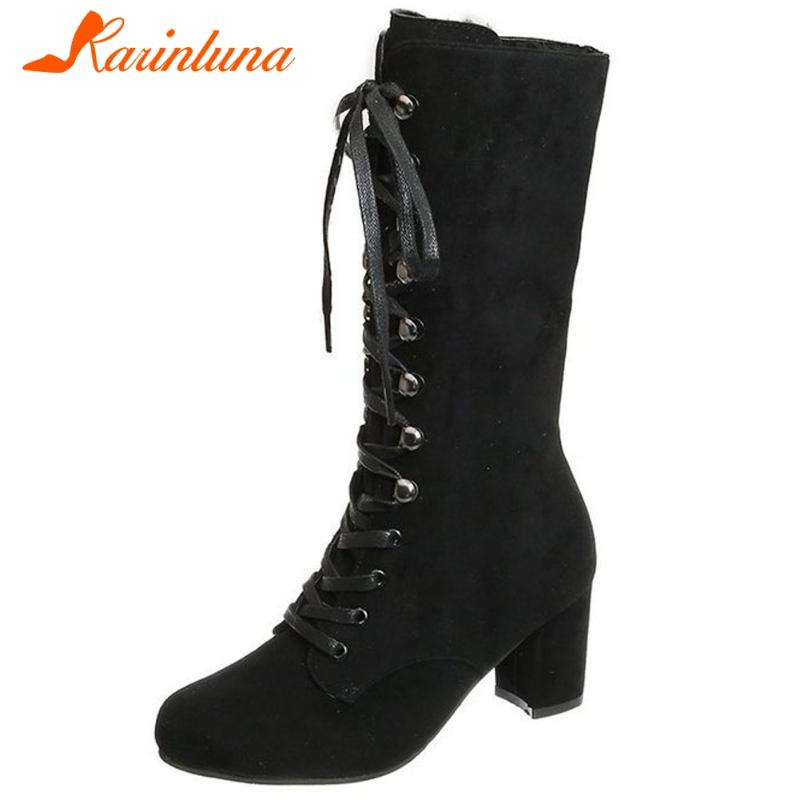 

Karin Classics Round Toe Thick Heesl Autumn Boots 2020 New Arrrival Lace-Up Mid-calf Flock women shoes, Black