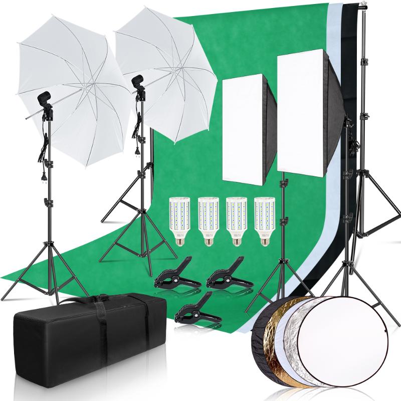 

Photography Photo Studio Softbox Lighting Kit With 2.6x3M Background Frame 3pcs Backdrops Tripod Stand Reflector Board Umbrella