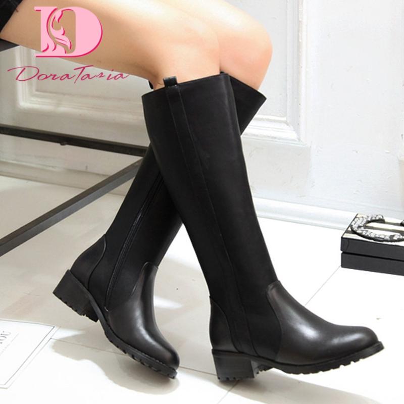 

Doratasia 2020 Big Size 33-44 Genuine Leather Fashion Square Heels Winter Women Shoes Knee High Cow Skin Riding Boots, Black