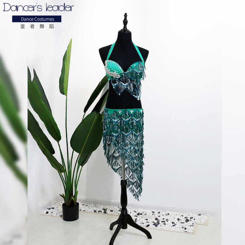 

2020 new belly dance practice clothing green tassel performance clothing simple performance suit