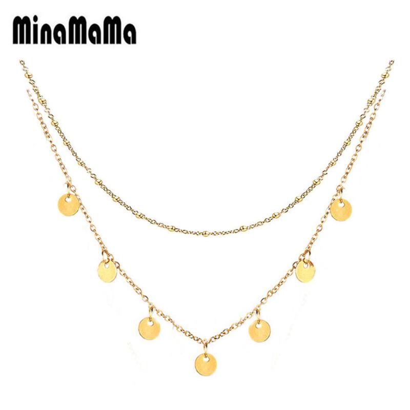 

Simple Stainless Steel Beads Chain Tassel Coin Pendant Necklace for Women Female Choker Double Layers Necklace Jewelry