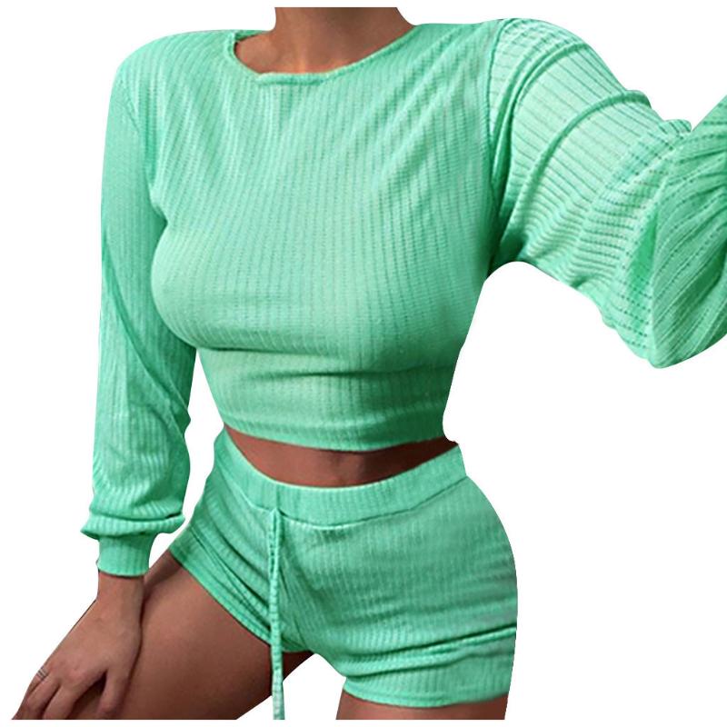 

Casual Women Tracksuit 2020 Socket Solid Color Woman Sports Wear Suits O-collar Long Sleeves Shorts Running Athletic Wear #3, Green
