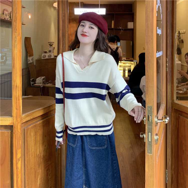 

2020autumn student lapel stripe all-match simple retro knit sweater temperament sweater long-sleeved all-match top female forest, Black stripes
