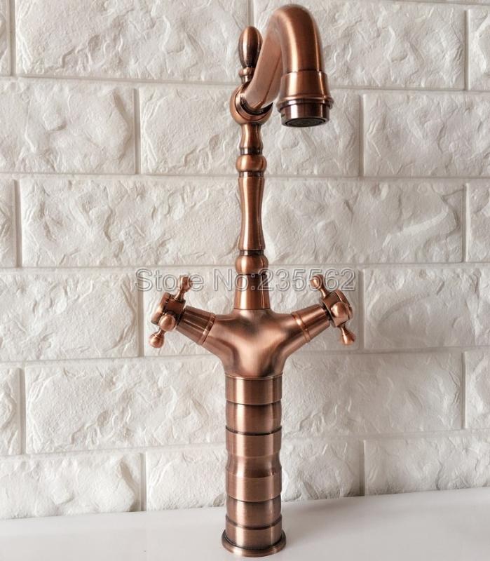 

Antique Red Copper Swivel Spout Bathroom Kitchen Faucet Single Hole Deck Mounted Double Cross Handle Basin Sink Faucets Lrg057