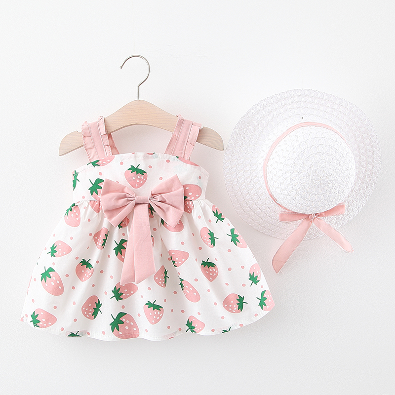 

Baby Girl Dress Cotton Print Strawberry Girl Dress With Bow Hat 2 Piece Clothes Outfits Baby Beach Sundress Clothes, Sent at random