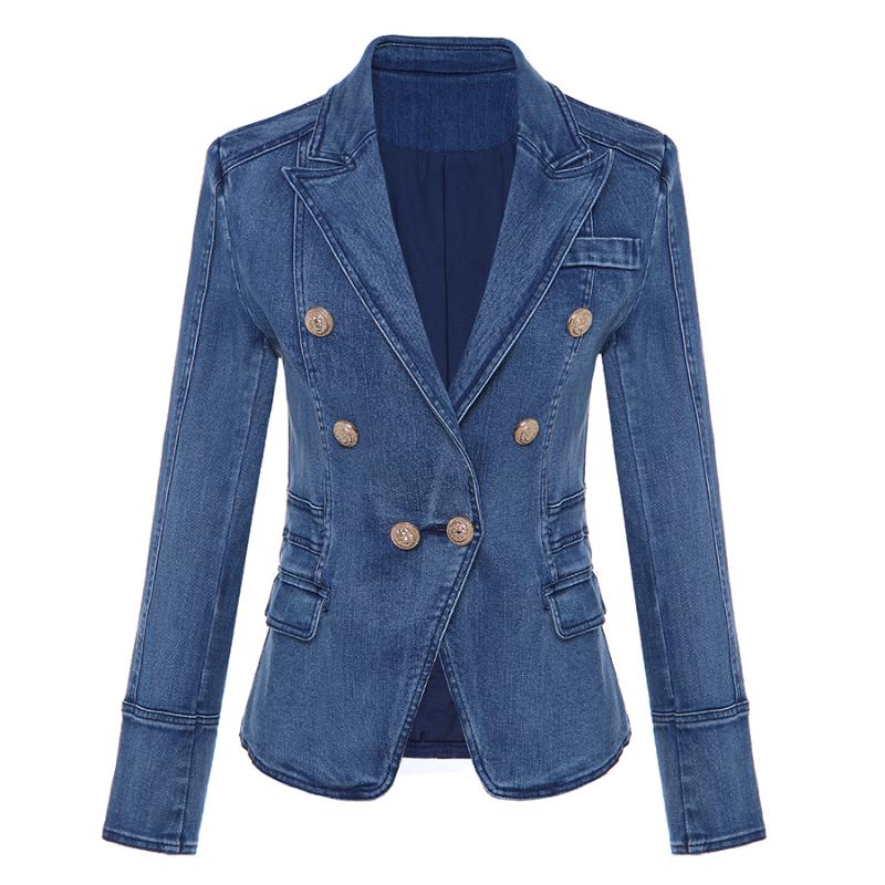 

Fashion Designer Blazer Women's Metal Lion Buttons Double Breasted Denim Blazers Jacket Outer Coat, Denim blue